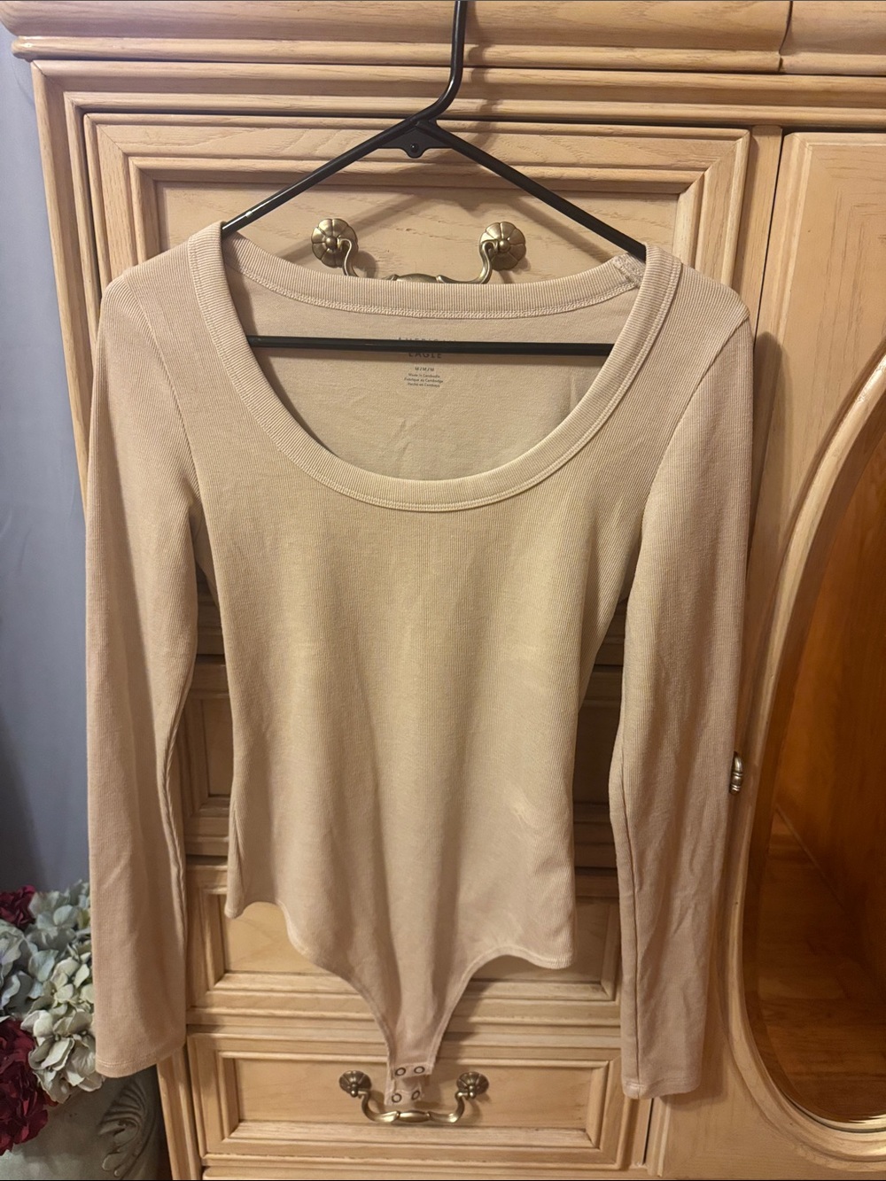 American Eagle Outfitters Long-Sleeve Scoop Neck Bodysuit - Beige